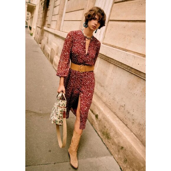 Sezane Alix Midi Dress Sheer Sleeves Button Up Red Bordeaux Floral Print 34 XS - Picture 4 of 15